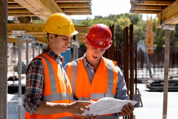 Structural engineer and architect dressed in shirts, orange work vests and helmets explore construction documentation on the building site near the wooden building constructions .